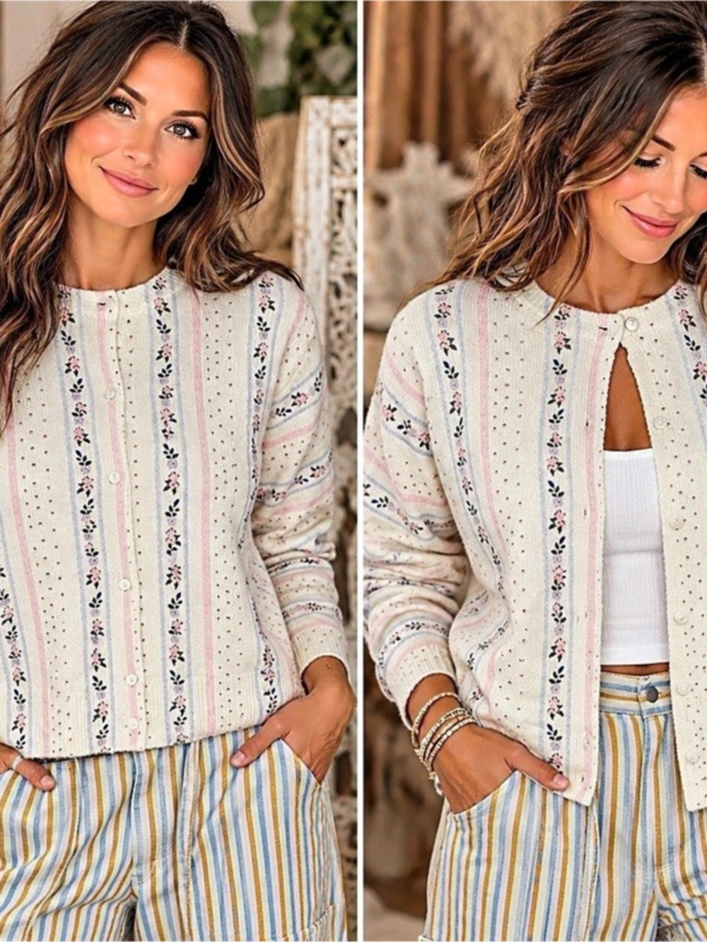 Floral Stripe Crew Neck Sweater in Cream & Pink